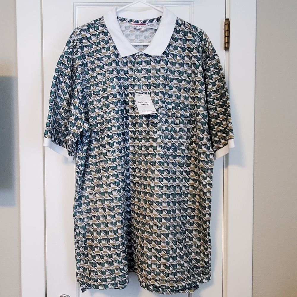 NWT Vintage BUGLE BOY Polo Golf Plaid Checkered Geometric shirt XXLT green gold